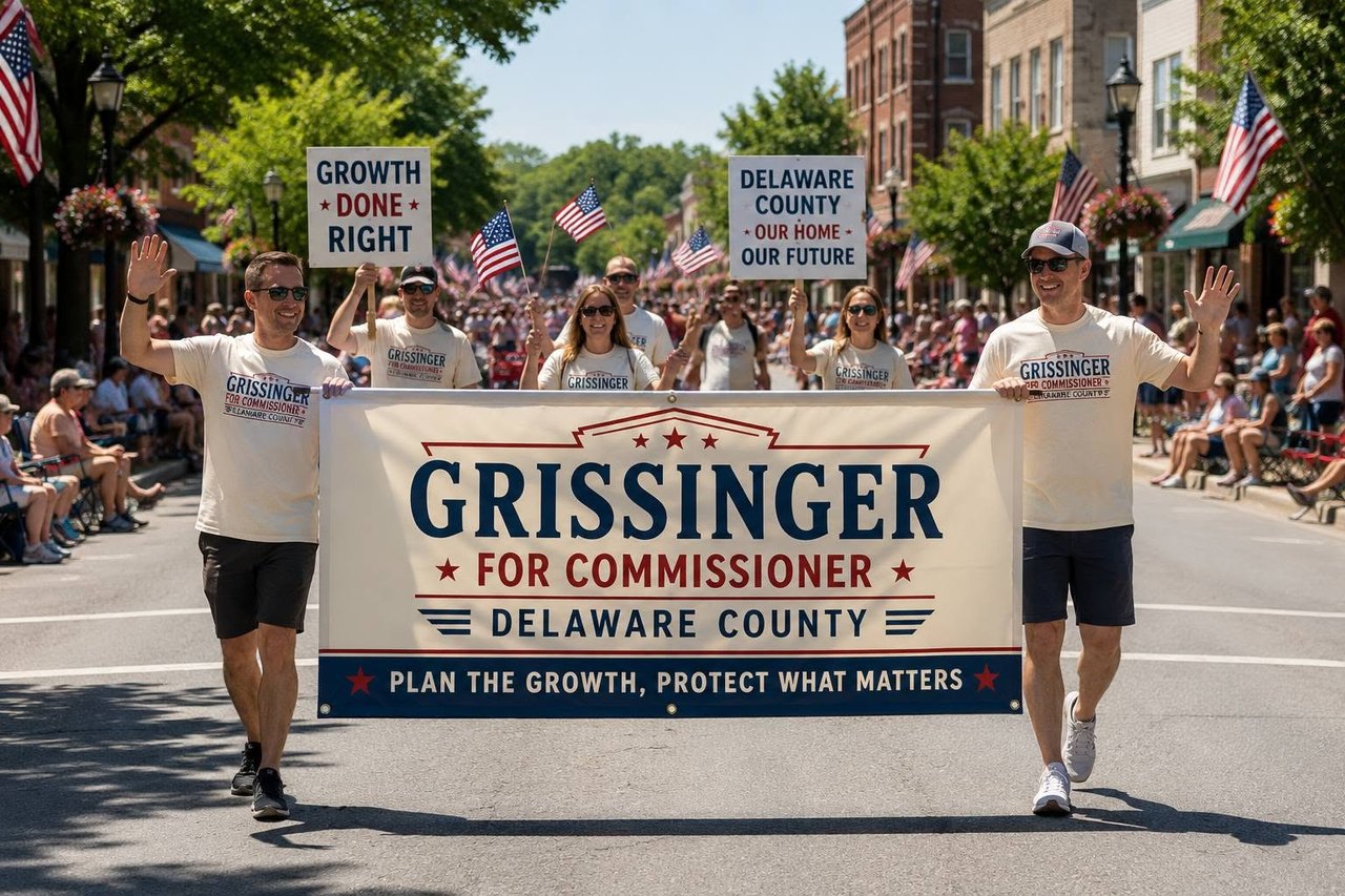 Supporters marching in a Delaware County parade behind the Grissinger campaign banner