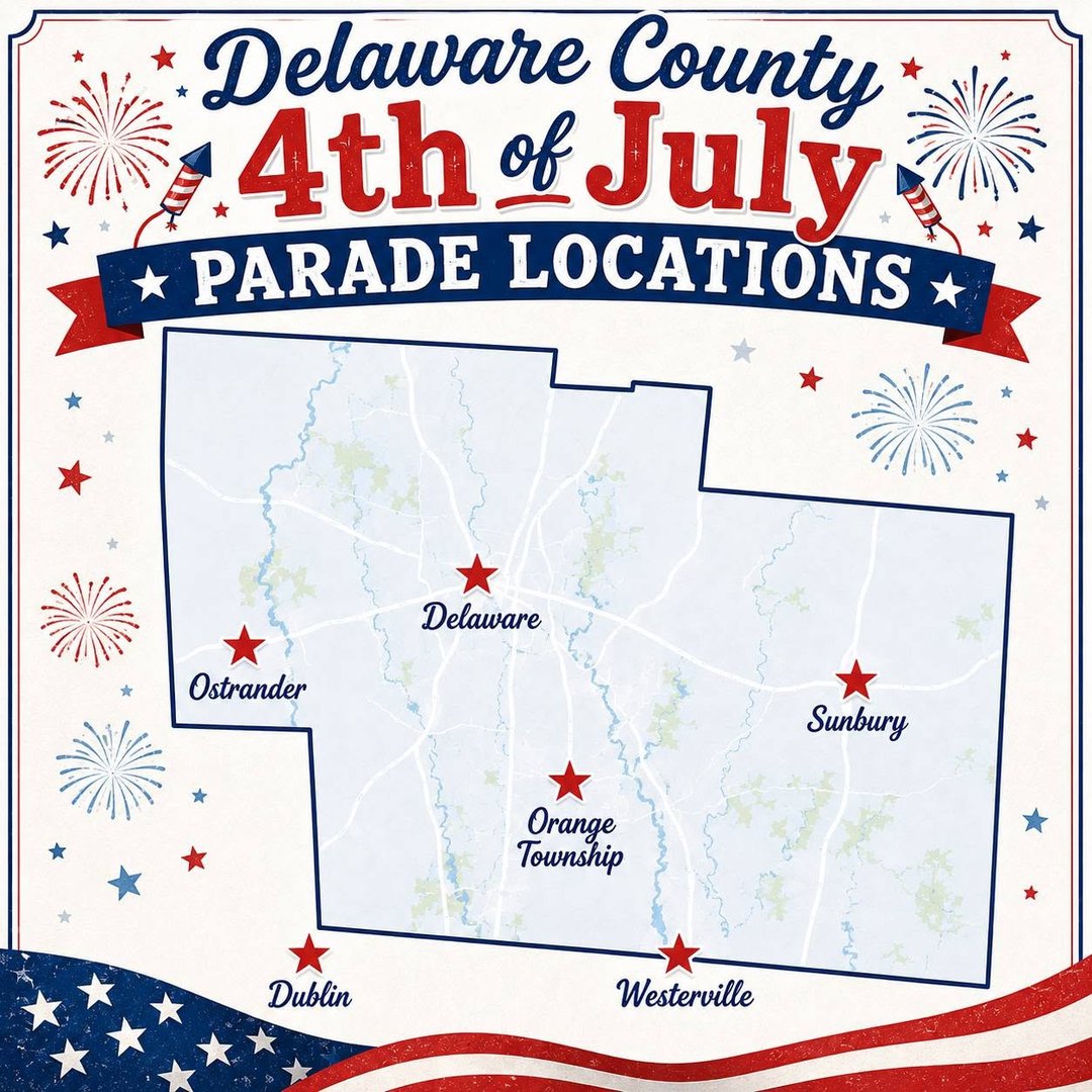 Map of the six Delaware County Independence Day parade locations: Delaware, Ostrander, Sunbury, Orange Township, Dublin, and Westerville