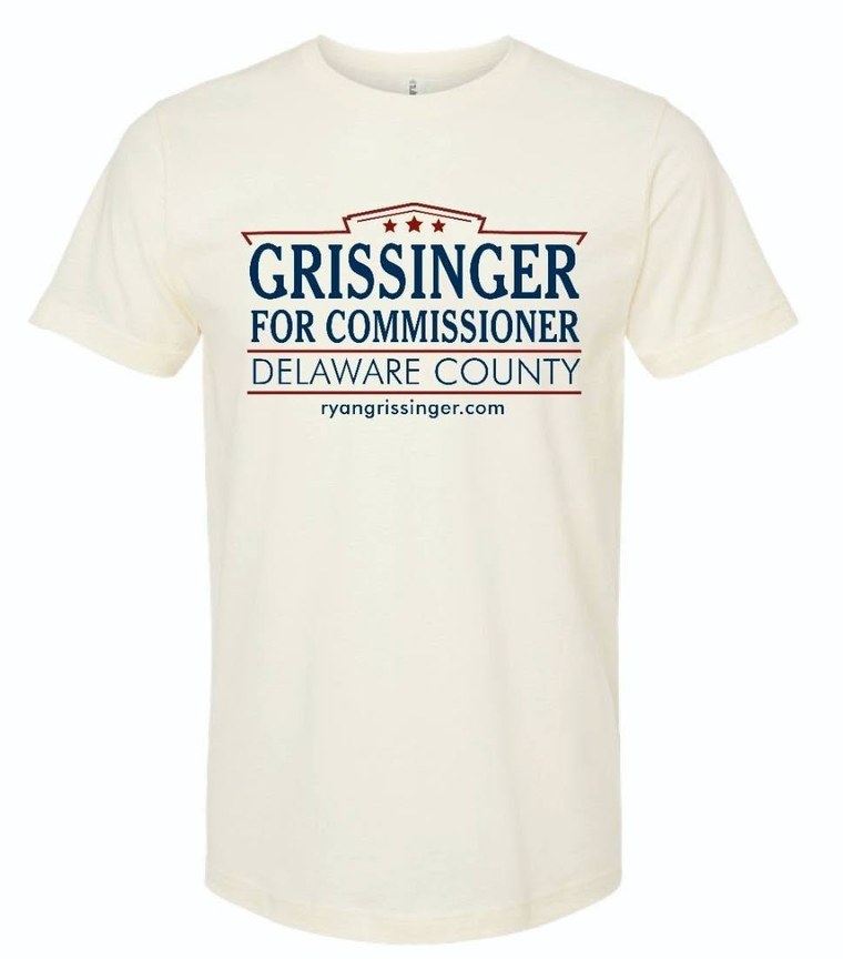 The cream Grissinger for Commissioner campaign T-shirt